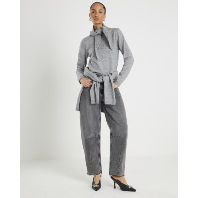 Grey Knitted Scarf Neck Jumper