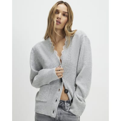 Grey Knitted Shoulder Padded Cardigan