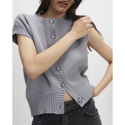 Grey Knitted Sleeveless Ribbed Hem Tank Top
