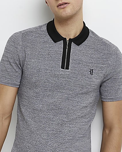 Grey knitted slim fit zip neck polo shirt