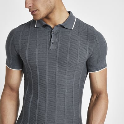 Grey knitted stitch muscle fit polo shirt River Island