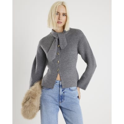 Grey Knitted Tie Neck Cardigan