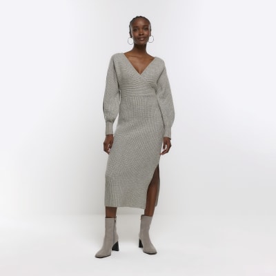 Grey knitted wrap jumper midi dress | River Island