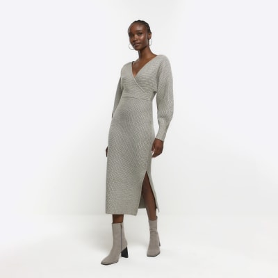 Grey knitted wrap jumper midi dress | River Island