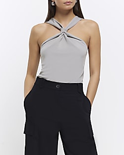 Grey knot front cami top
