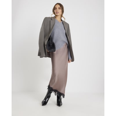 Grey Lace Trim Satin Midi Skirt