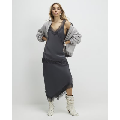 Grey Lace Trim Satin Midi Skirt