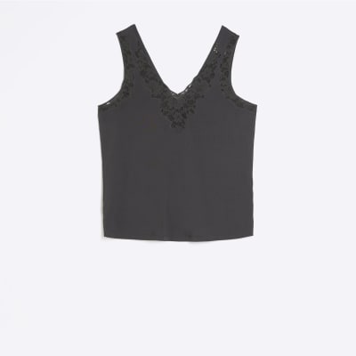 Grey lace trim vest River Island