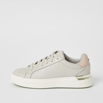 Grey lace-up heel clip wedge trainers