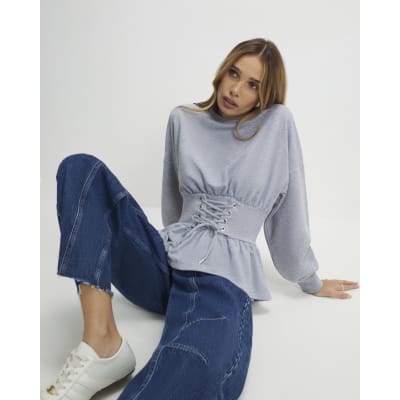 Grey Lace Up Waist Sweatshirt