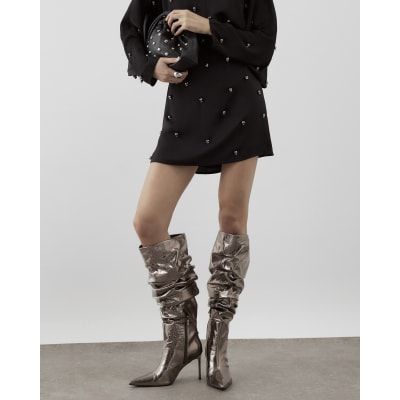 Grey Leather Metallic Slouchy High Leg Boots