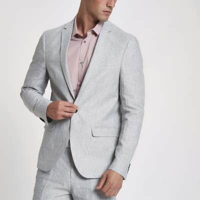 Grey linen stripe skinny suit jacket
