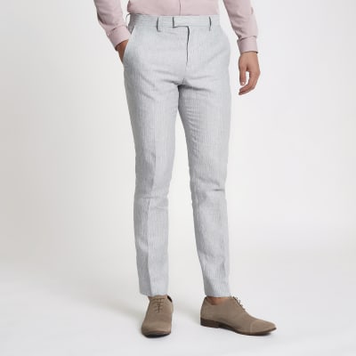 Grey linen stripe skinny suit trousers