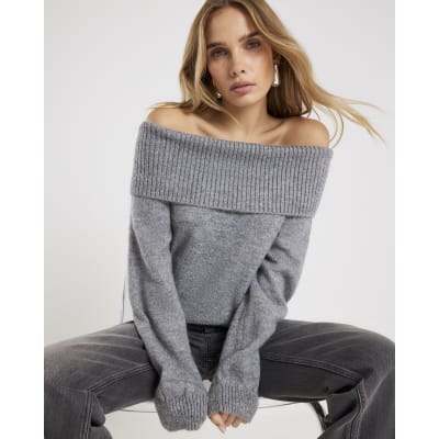Grey Long Sleeve Bardot Jumper