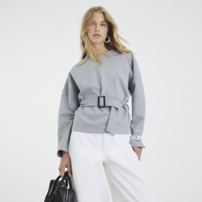 Grey Long Sleeve Belted Sweatshirt