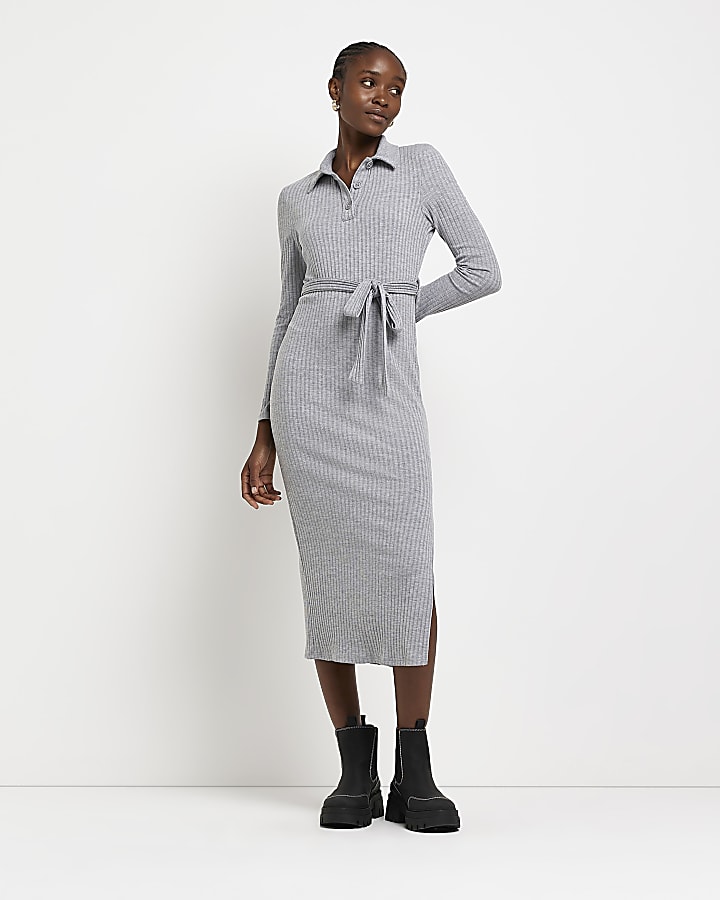 Grey long sleeve bodycon midi dress