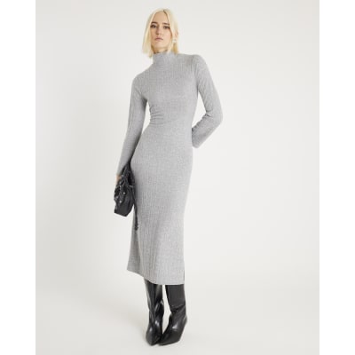 Grey Long Sleeve Cosy Belted Midi Dress