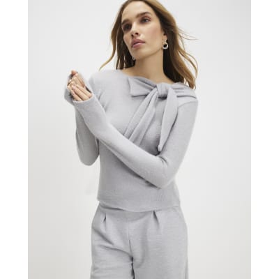 Grey Long Sleeve Cosy Bow Top