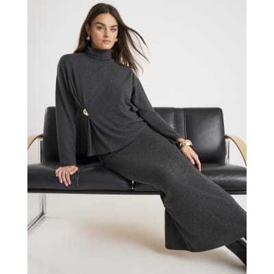 Grey Long Sleeve Cosy Gold Detail Top