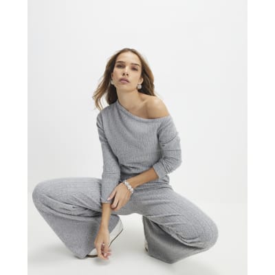 Grey Long Sleeve Cosy Off Shoulder Top