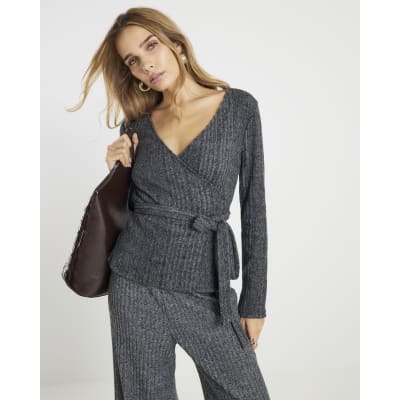 Grey Long Sleeve Cosy Ribbed Wrap Top