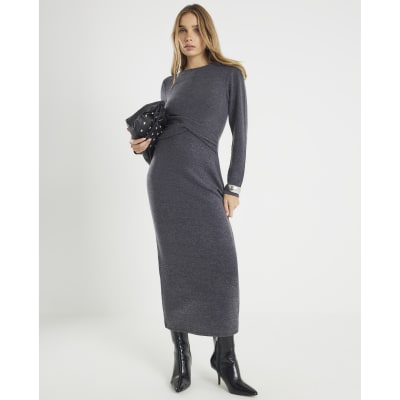 Grey Long Sleeve Cosy Twist Front Midi Dress