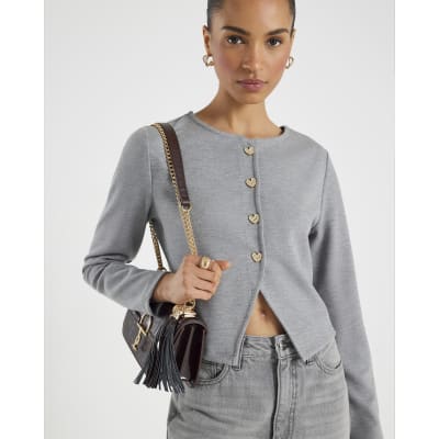 Grey Long Sleeve Cropped Heart Cardigan