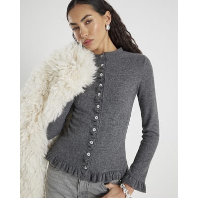 Grey Long Sleeve Frilled Cosy Cardigan
