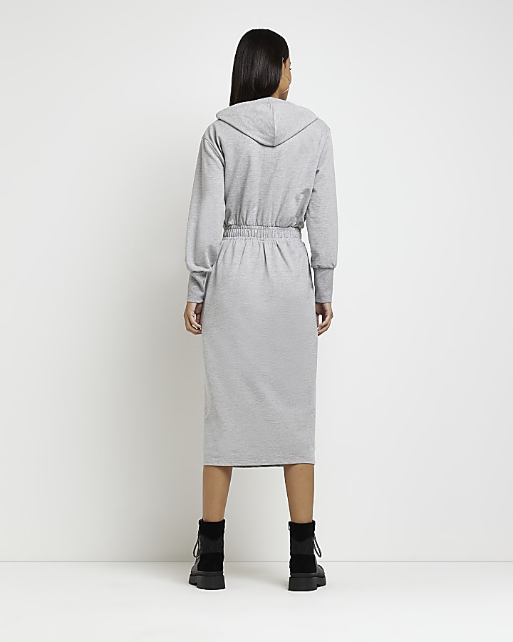 Grey long sleeve hooded sweatshirt midi dress