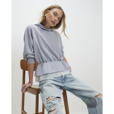Grey Long Sleeve Lace Hem Hoodie