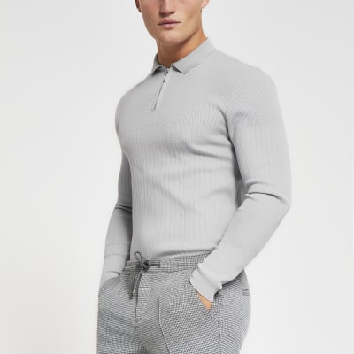 Grey long sleeve muscle knitted polo shirt River Island