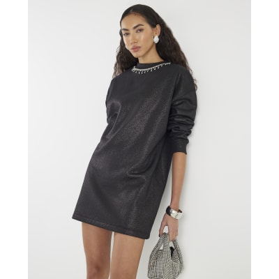 Grey Long Sleeve Necklace Trim Jumper Dress