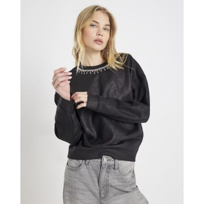 Grey Long Sleeve Necklace Trim Sweatshirt River Island