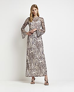 Grey long sleeve printed lace up maxi dress