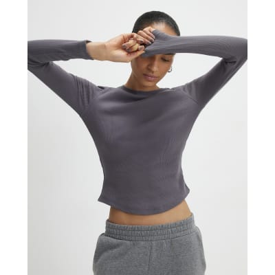 Grey Long Sleeve Ribbed Crew Neck Top