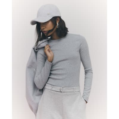 Grey Long Sleeve Ribbed Crew Neck Top
