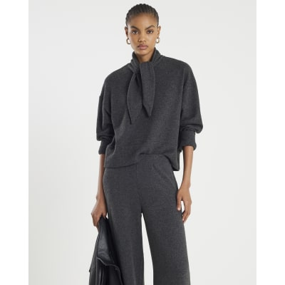 Grey Long Sleeve Scarf Tie Neck Cosy Top