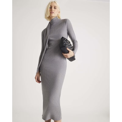 Grey Long Sleeve Scarf Tie Neck Dress