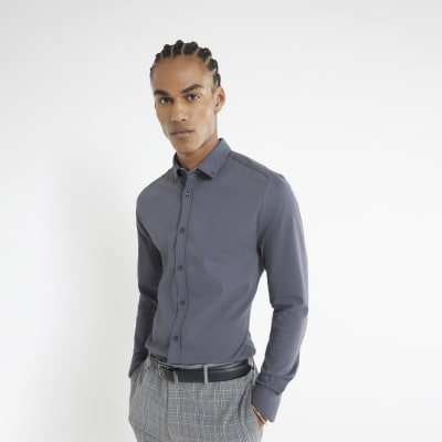 Grey Long Sleeve Texture Muscle Fit Shirt