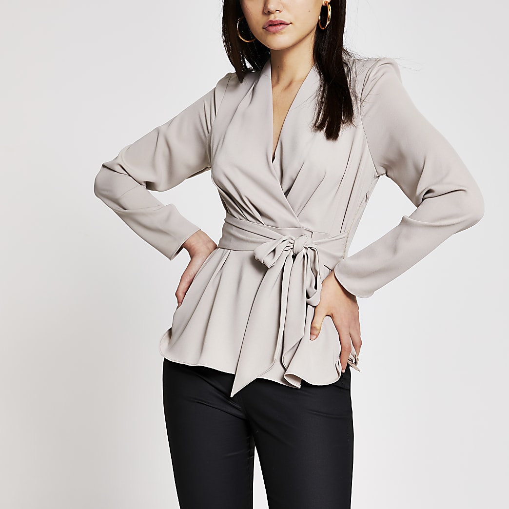 Grey long sleeve tie front blouse | River Island