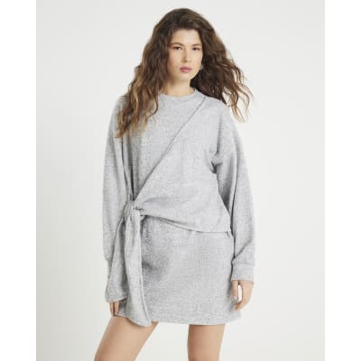 Grey Long Sleeve Tie Side Cosy Mini Dress
