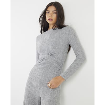 Grey Long Sleeve Twist Front Cosy Top