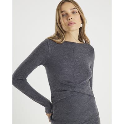 Grey Long Sleeve Twist Front Cosy Top