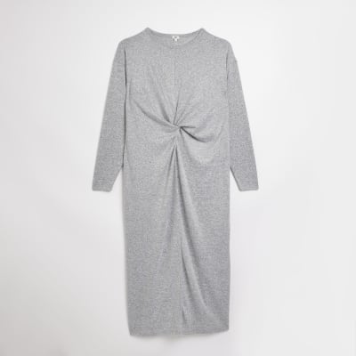 Grey long sleeve twist front midi dress
