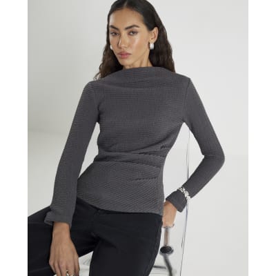 Grey Long Sleeve Waffle Textured Drape Top