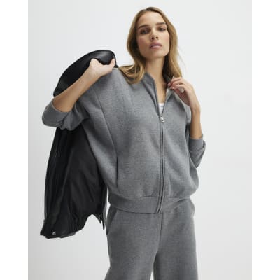 Grey Long Sleeve Zip Up Bomber Sweatshirt