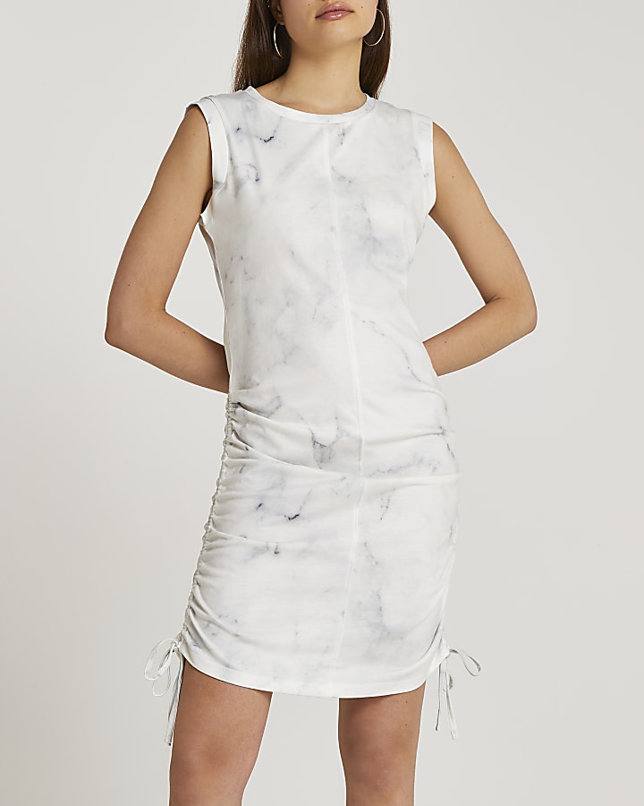 Grey marble print ruched mini dress