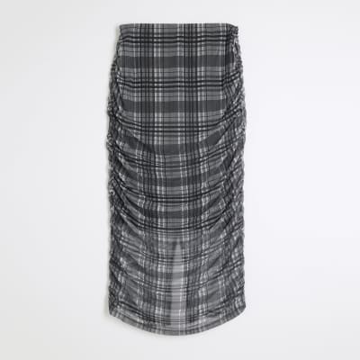 Grey Mesh Check Ruched Pencil Midi Skirt | River Island