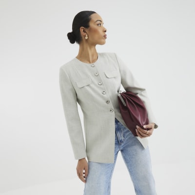 Grey Military Button Front Blazer River Island