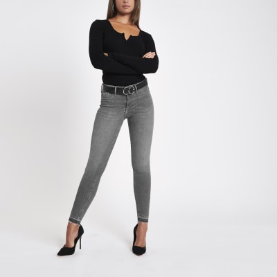 Grey Molly rip hem super skinny jeans